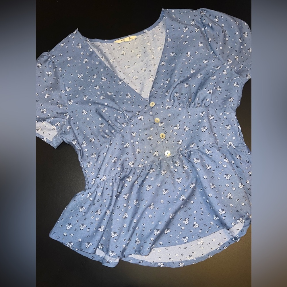 Hint of Blush Blue Cropped Floral Top Size Large EUC
